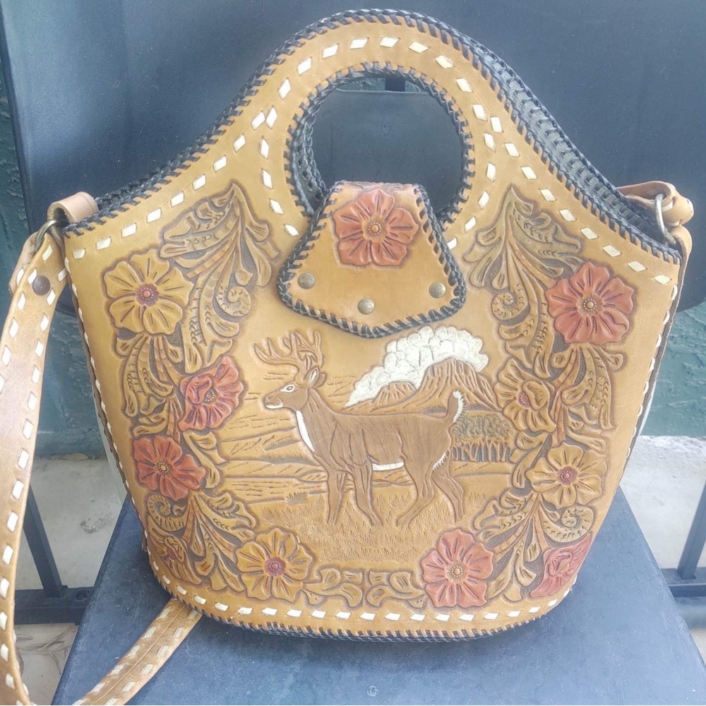 Vintage Hand tooled genuine Leather Tote - Picture 2 of 2